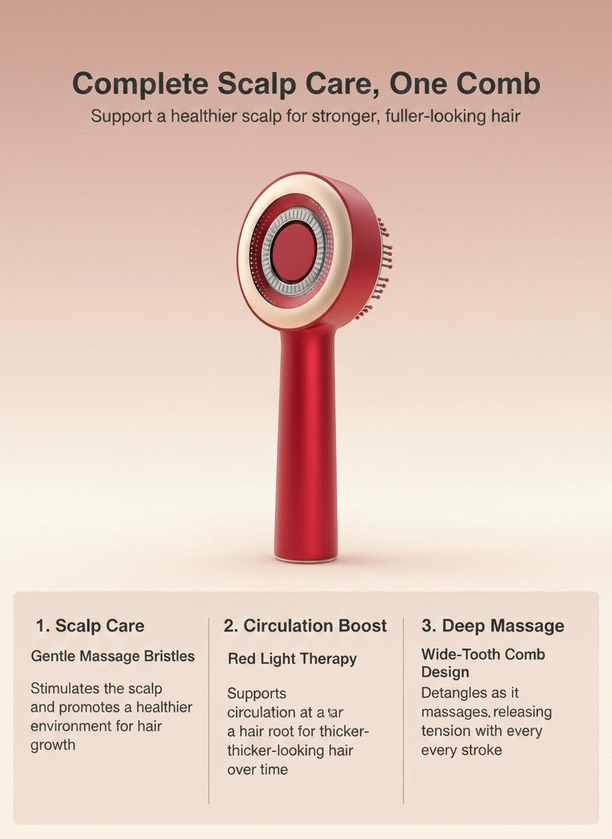 The Glow Lab red electric scalp massage comb with red light therapy and ergonomic handle for hair care