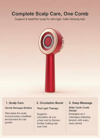 The Glow Lab red electric scalp massage comb with red light therapy and ergonomic handle for hair care
