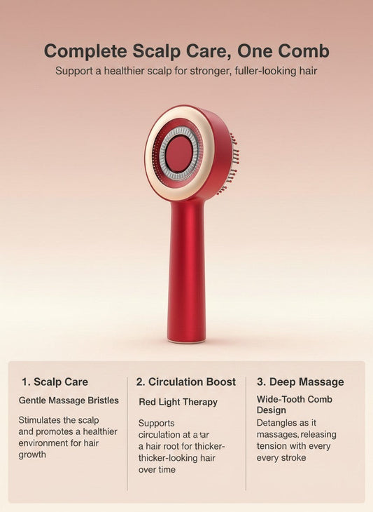 The Glow Lab red electric scalp massage comb with red light therapy and ergonomic handle for hair care