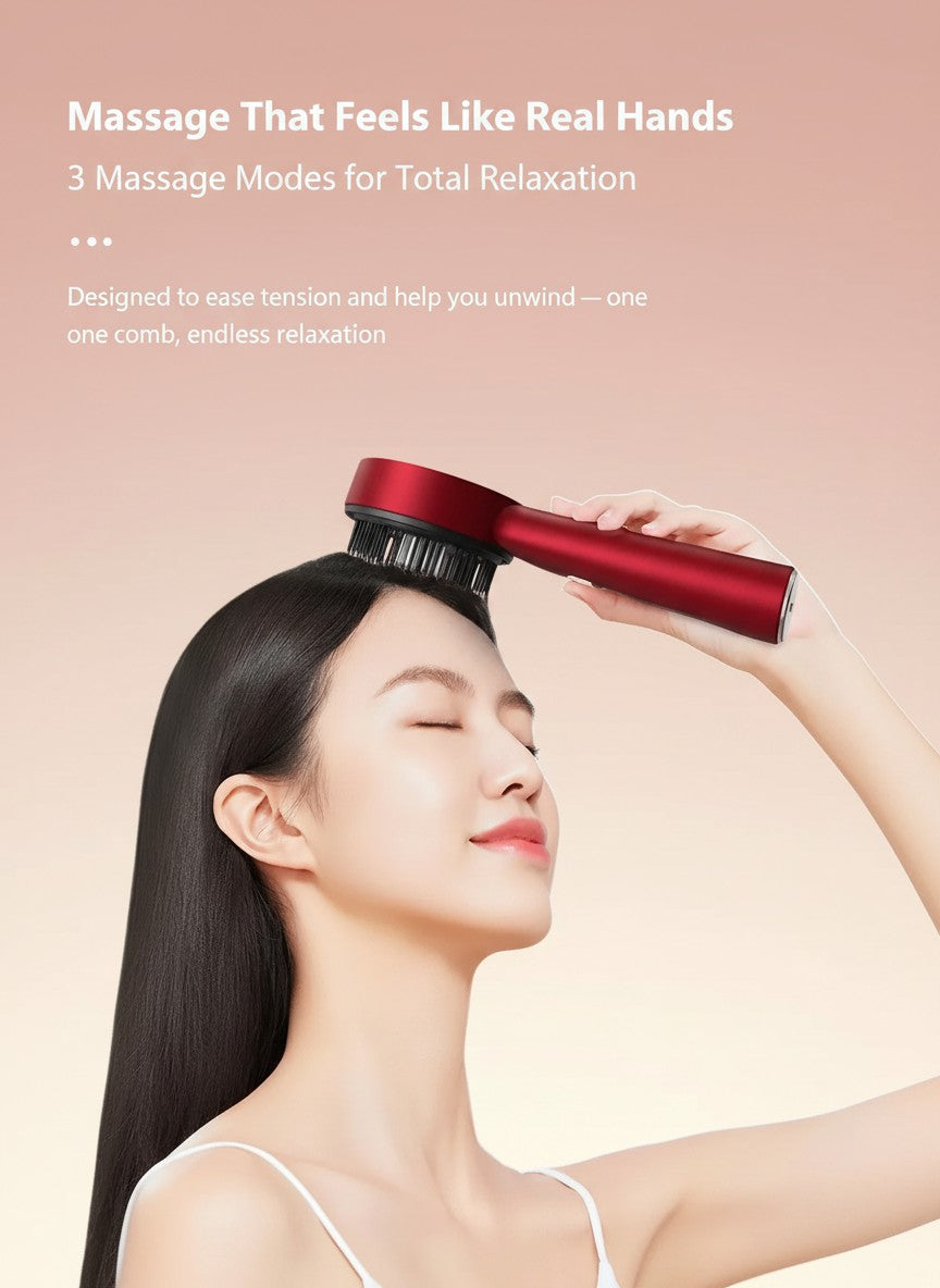 The Glow Lab electric red scalp massage comb with red light therapy being used by a woman for hair care relaxation