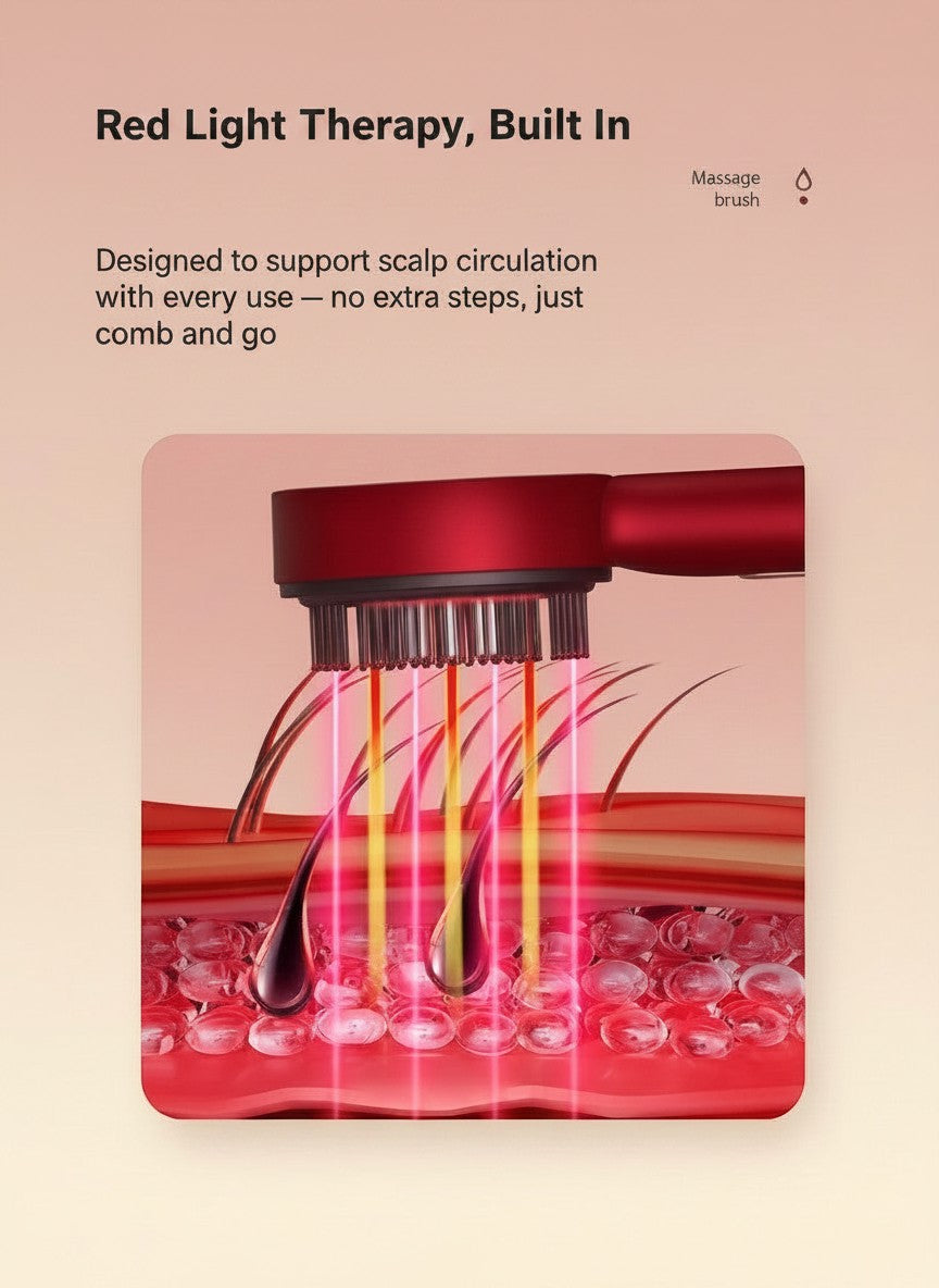 The Glow Lab electric scalp massage comb emitting red light therapy onto a scalp to support circulation and hair health.