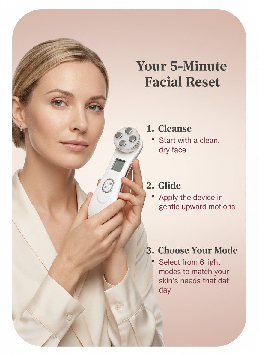The Glow Lab RF skin tightening device with EMS and light therapy held by a woman for a 5-minute facial reset routine.