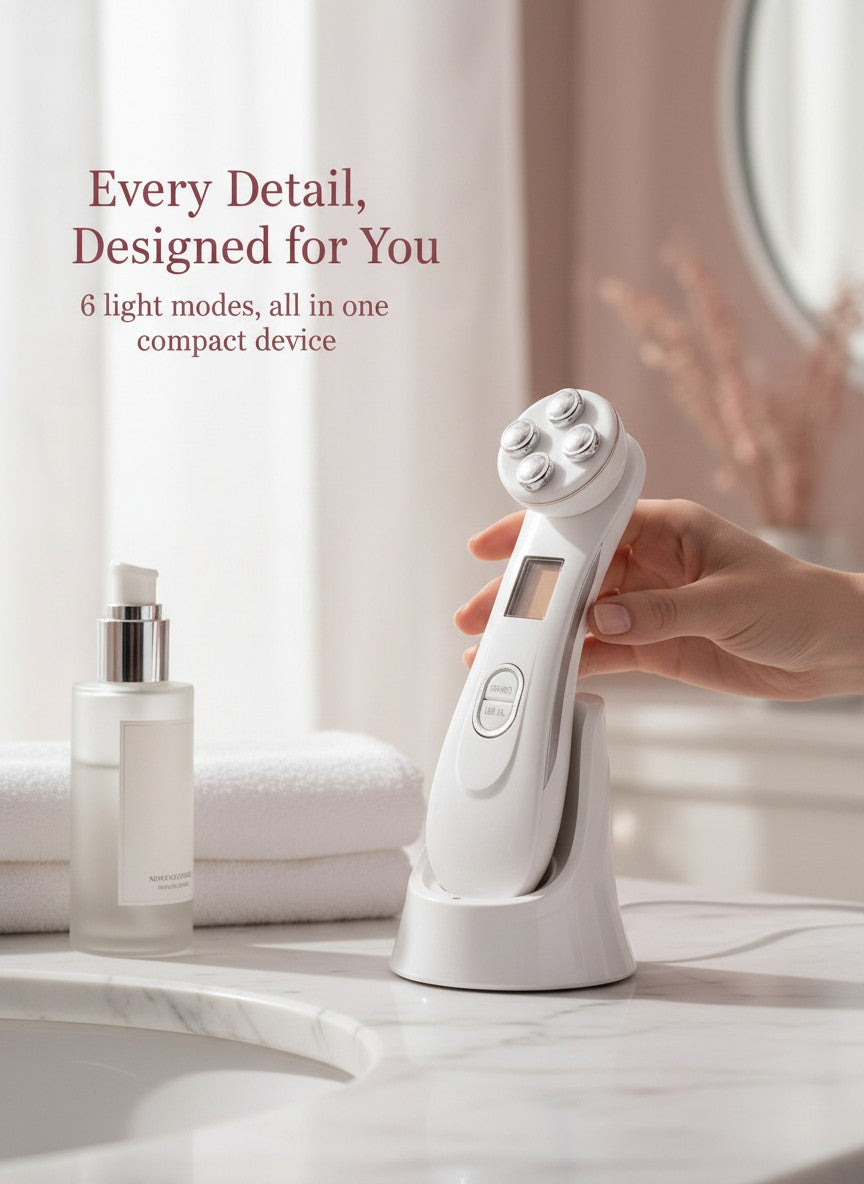 The Glow Lab RF skin tightening device with EMS and 6 light therapy modes on a charging base in a bright bathroom.