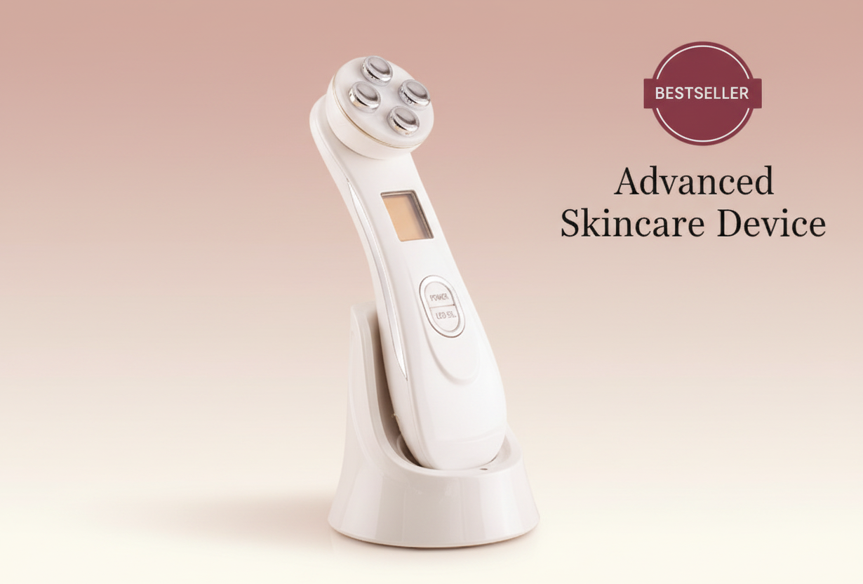 The Glow Lab RF skin tightening device with EMS and light therapy on a charging base for home facial rejuvenation.