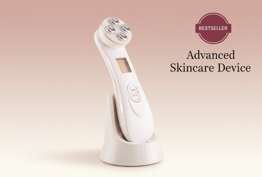 The Glow Lab RF skin tightening device with EMS and light therapy on a charging base for home facial rejuvenation.
