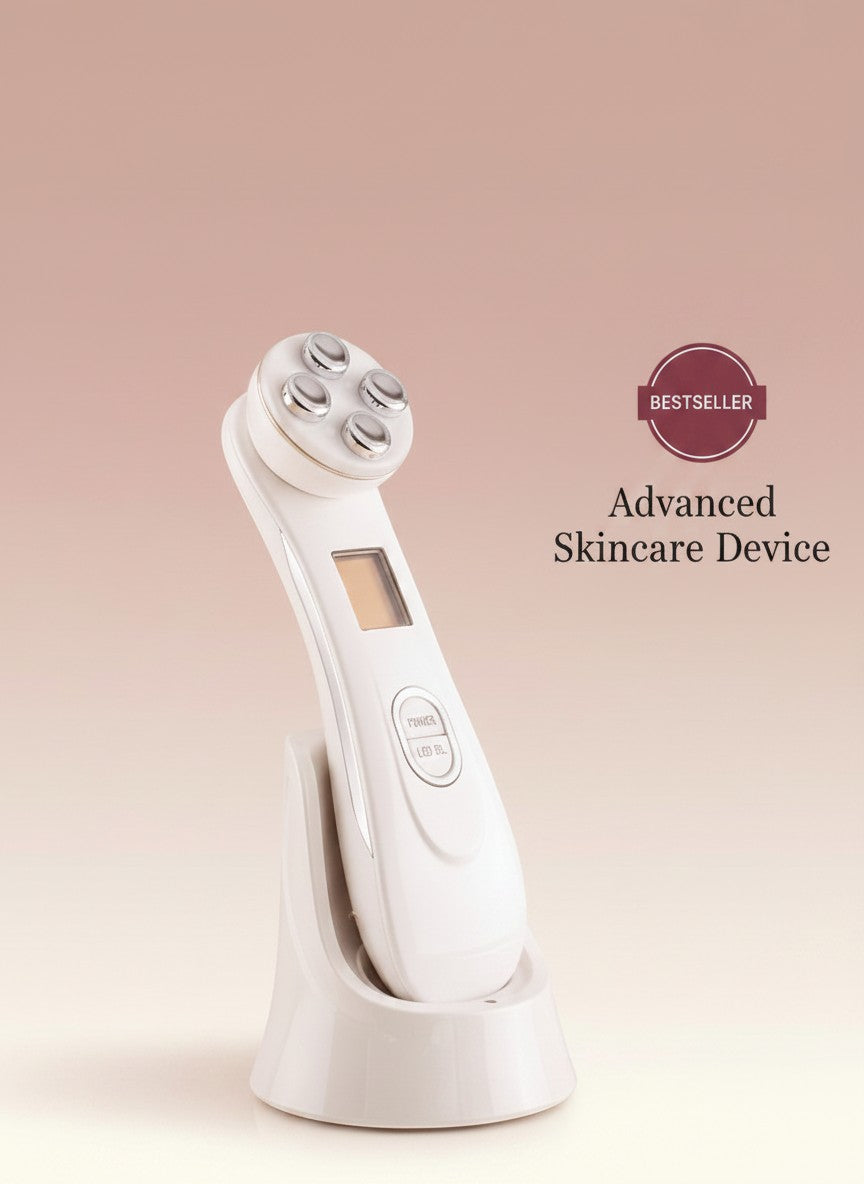 The Glow Lab white RF skin tightening device with EMS and light therapy on a charging stand against a pink background.