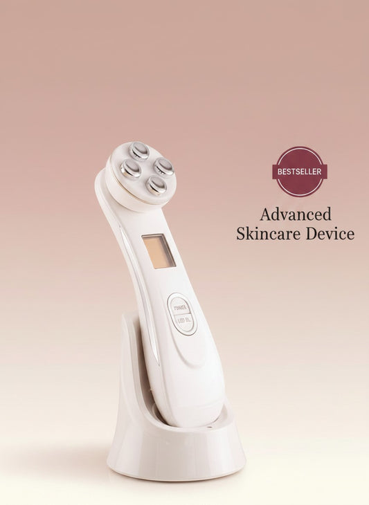 The Glow Lab white RF skin tightening device with EMS and light therapy on a charging stand against a pink background.