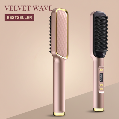 The Glow Lab professional hair straightener brush in rose gold with ceramic plates and digital temperature display.