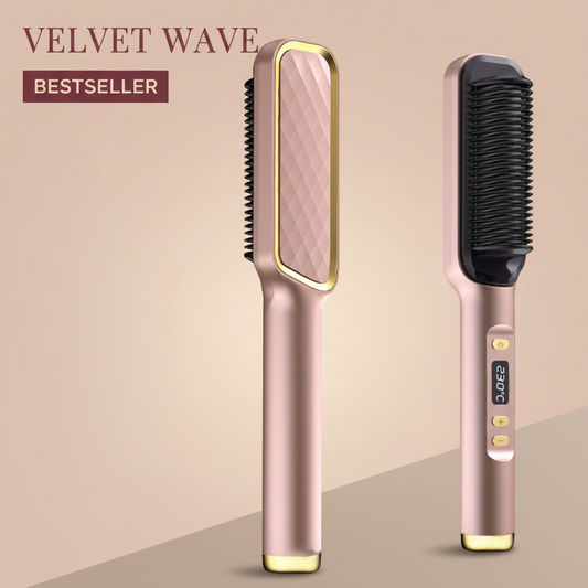 The Glow Lab professional hair straightener brush in rose gold with ceramic plates and digital temperature display.