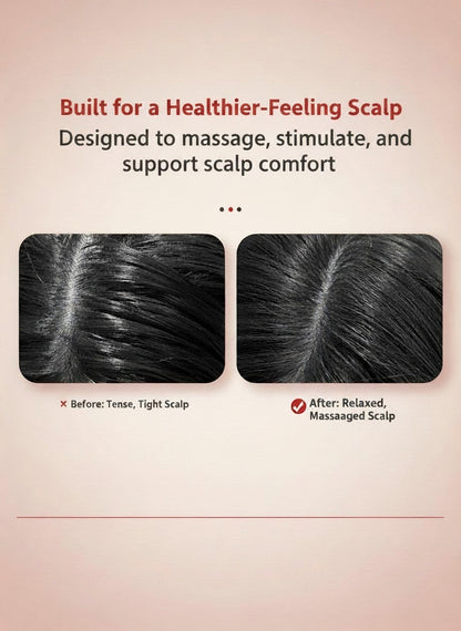 The Glow Lab scalp massage comb results showing a before and after comparison of scalp tension and relaxation.